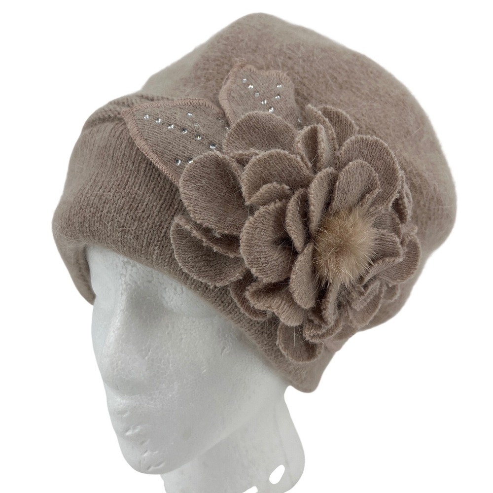 Womens Taupe Angora Blend Knit Beanie Hat with 3D Floral Rhinestone‎ Accents